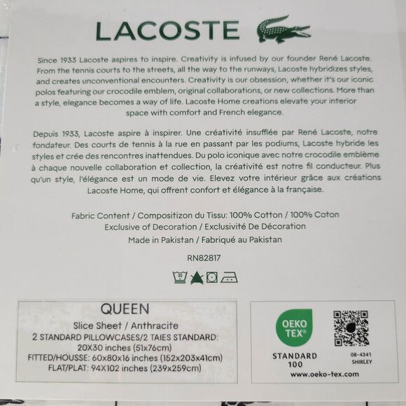 Lacoste White Black Grid 4pc QUEEN Sheets Set 100% Cotton Crocodile Anthracite - Picture 8 of 11